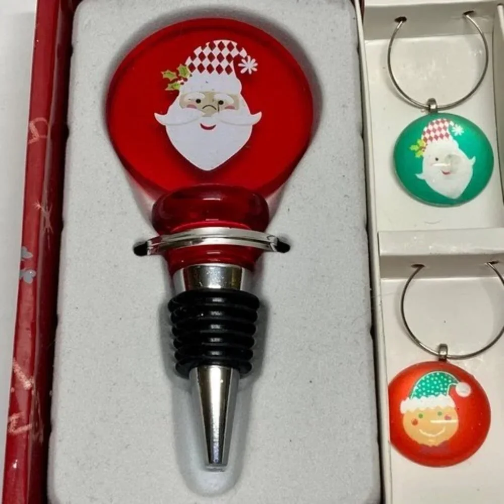 Holiday‎ Cheer Christmas Wine Set 4 Charms 1 Stopper Fresh Decor Celebrate IOB